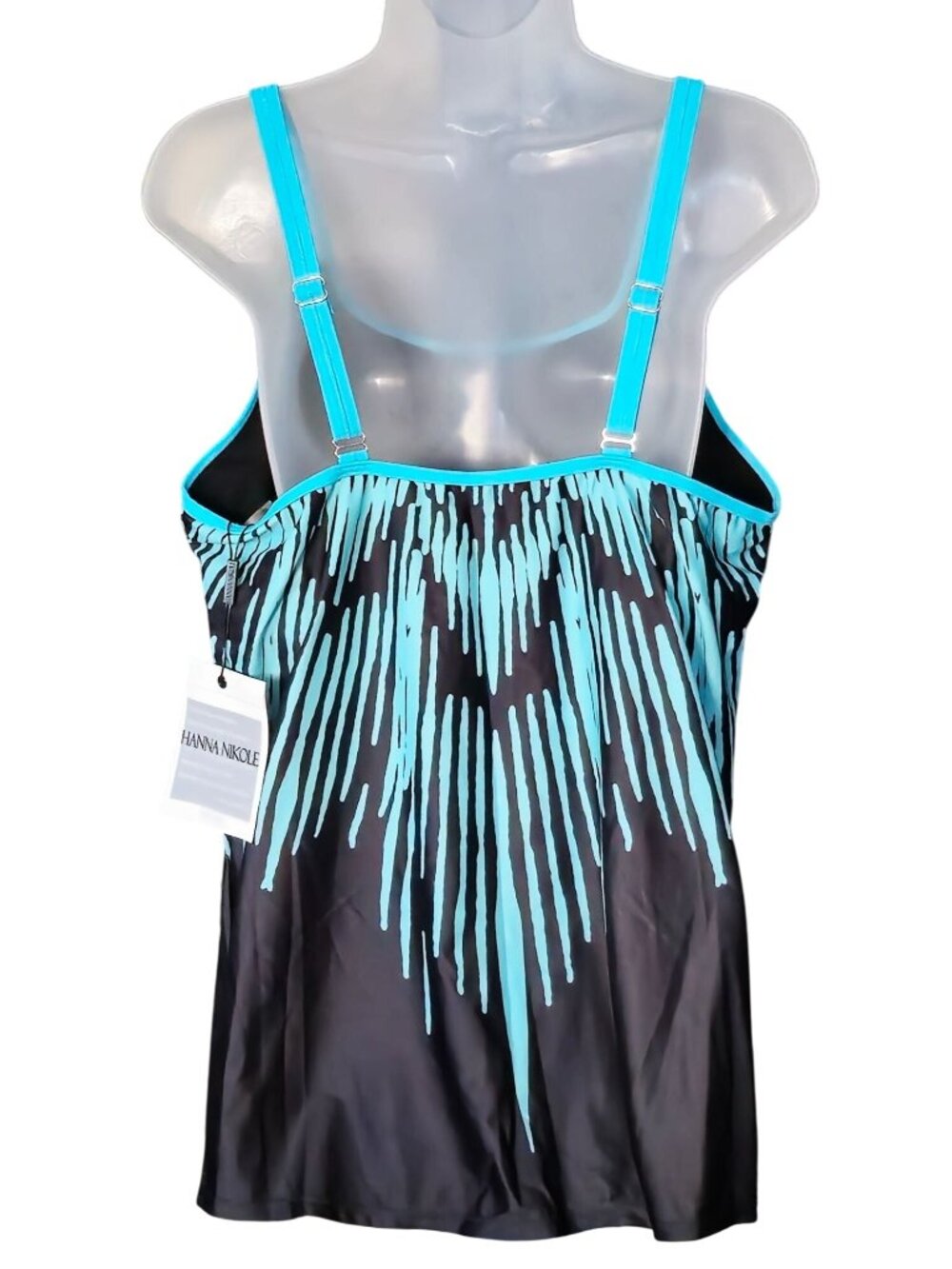 Black Blue Abstract Tankini Top 16W Plus Size Flared Built In Bra - Picture 6 of 8